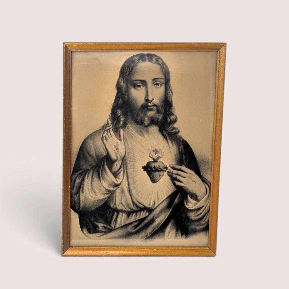 Vintage Sacred Heart of Jesus Print | 1960s Sepia Devotional Art Framed